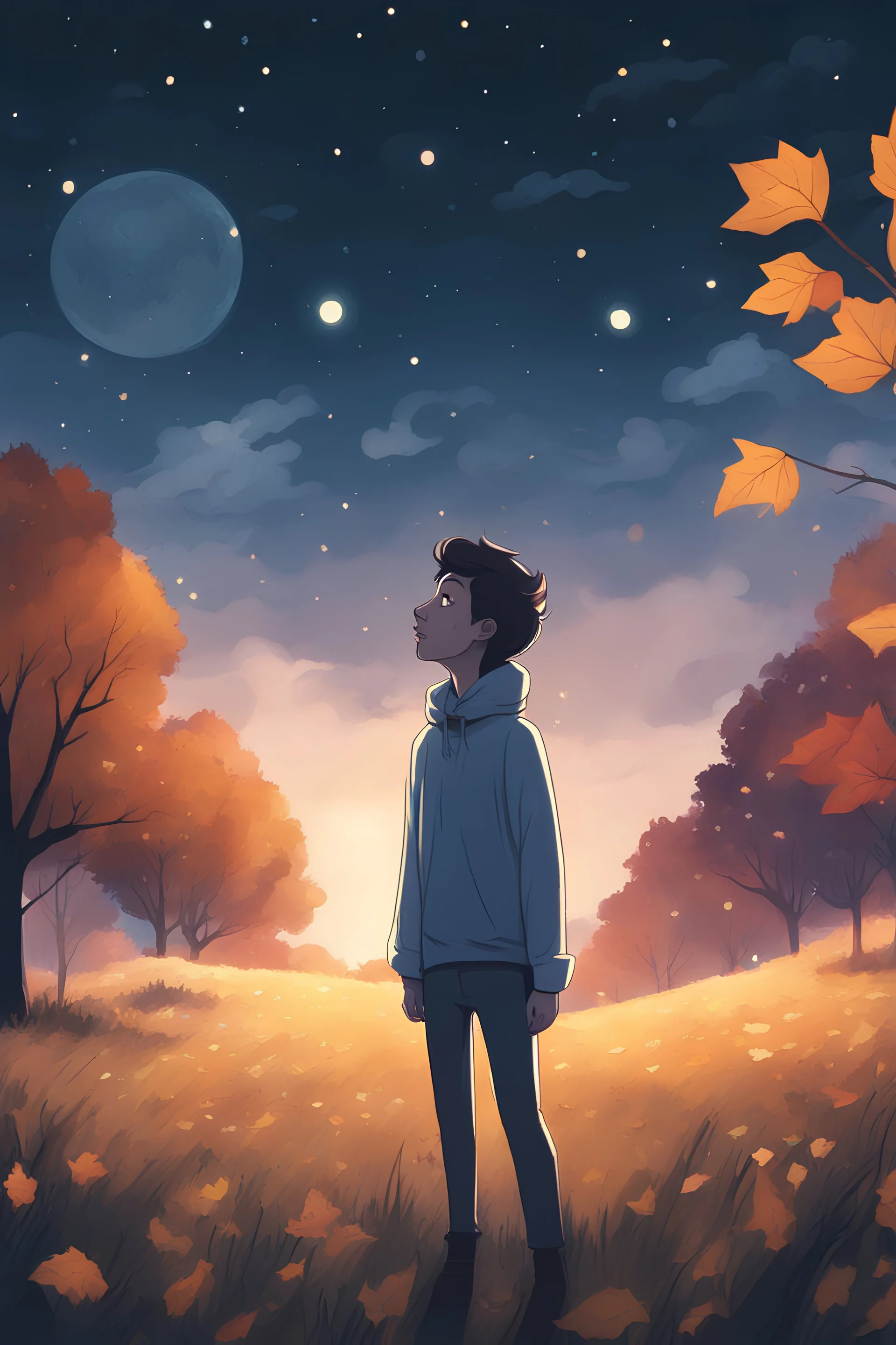 a non-binary person looking up to an ethereal in a pasture at night during fall cartoon style