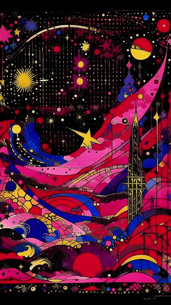 A magenta mystical Galaxy with star designed in medieval tapestry painted by Wassily Kandinsky