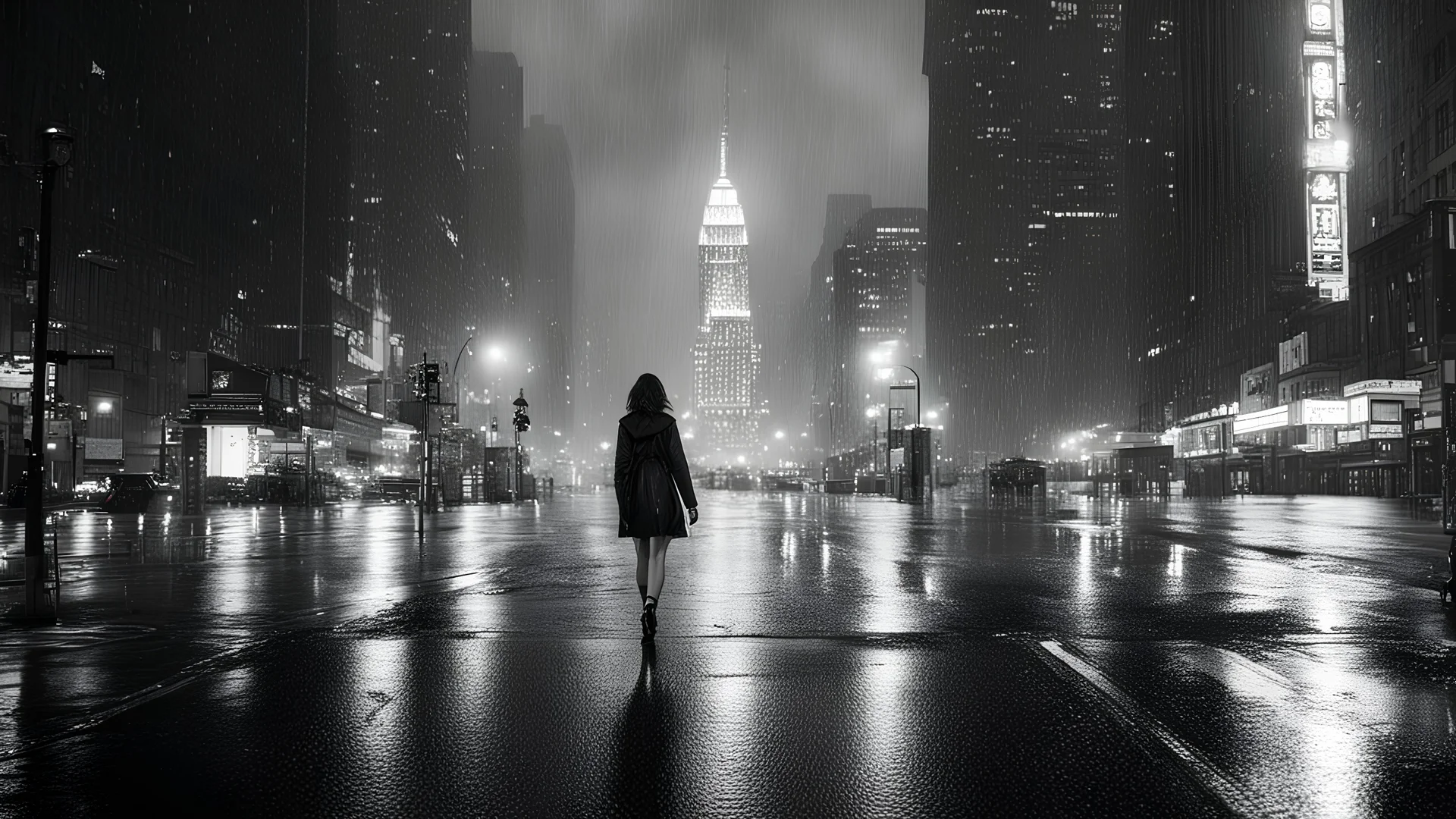 new york late night, tall skyscrapers, girl walking down the street in the rain, photographic, black and white