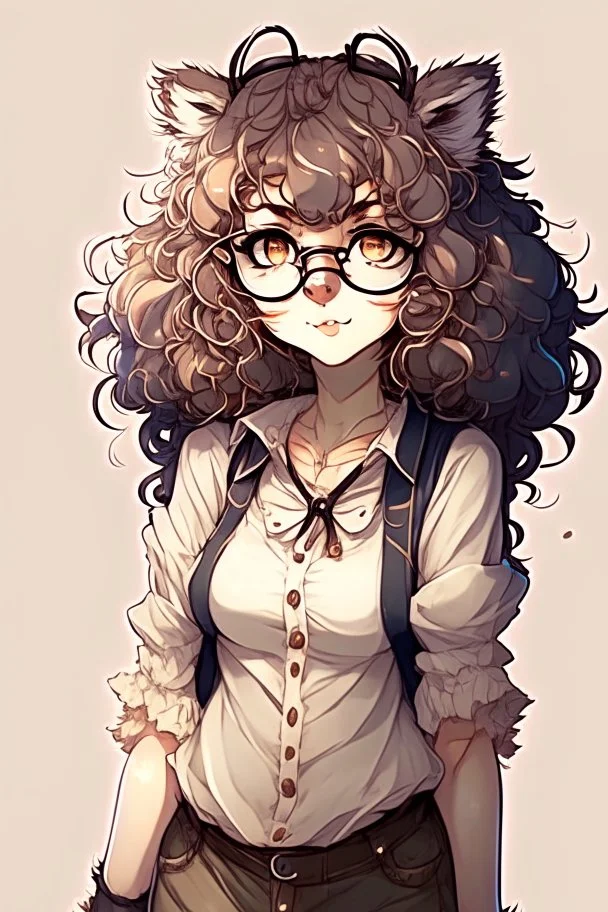 anime racoon girl with glasses curly hair fullbody