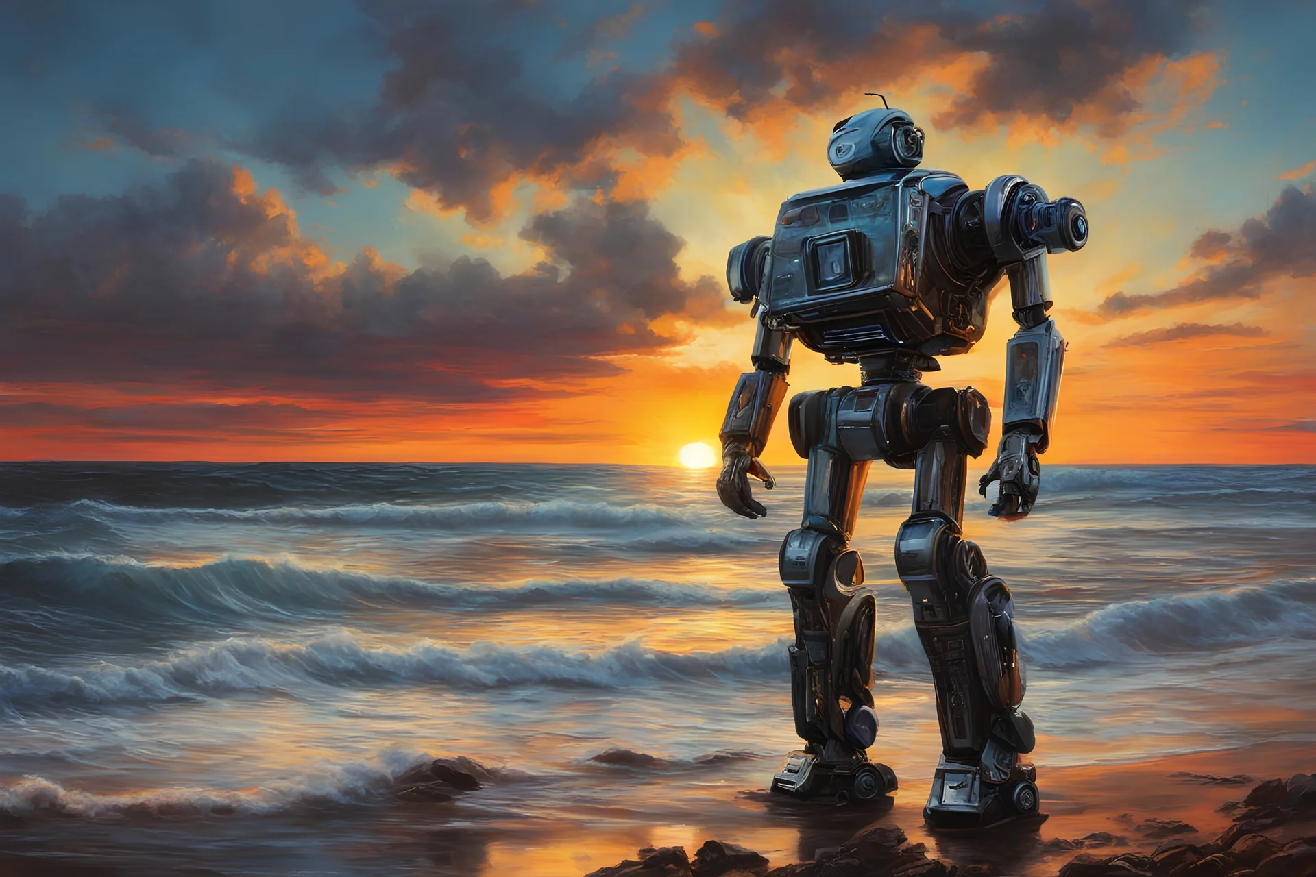 Bright High-Contrast Oil Painting, hyper-detailed hyper-realistic Robot full body, retro-futuristic, chiaroscuro photography, coastal background, dark and vibrant sunset