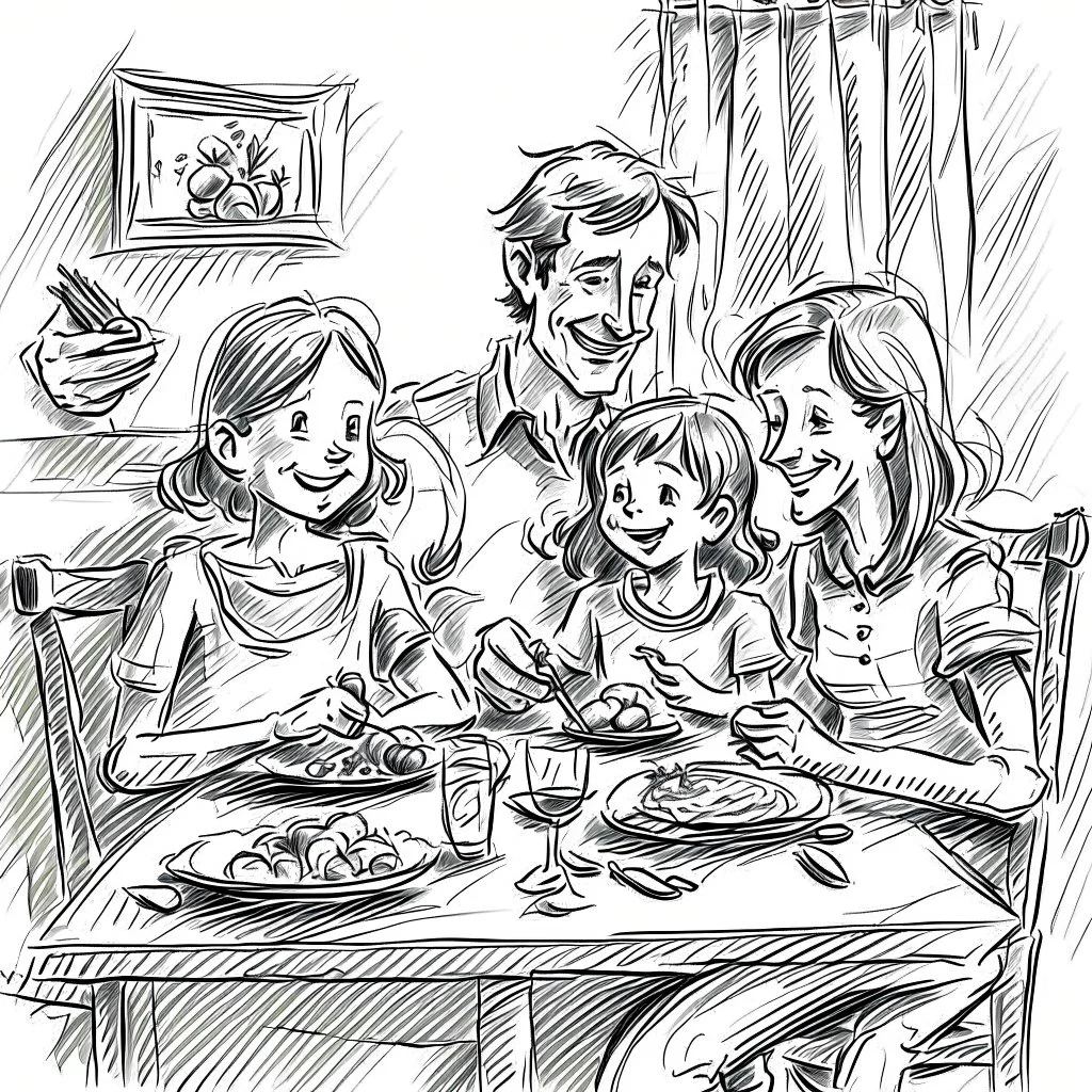 Happy family eating dinner pencil sketch