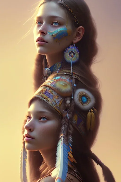 girl, cute, beautiful, Native American, head and shoulders portrait, 8k resolution concept art portrait by Greg Rutkowski, Artgerm, WLOP, Alphonse Mucha dynamic lighting hyperdetailed intricately detailed Splash art trending on Artstation triadic colors Unreal Engine 5 volumetric lighting, long hair, brown eyes, black hair