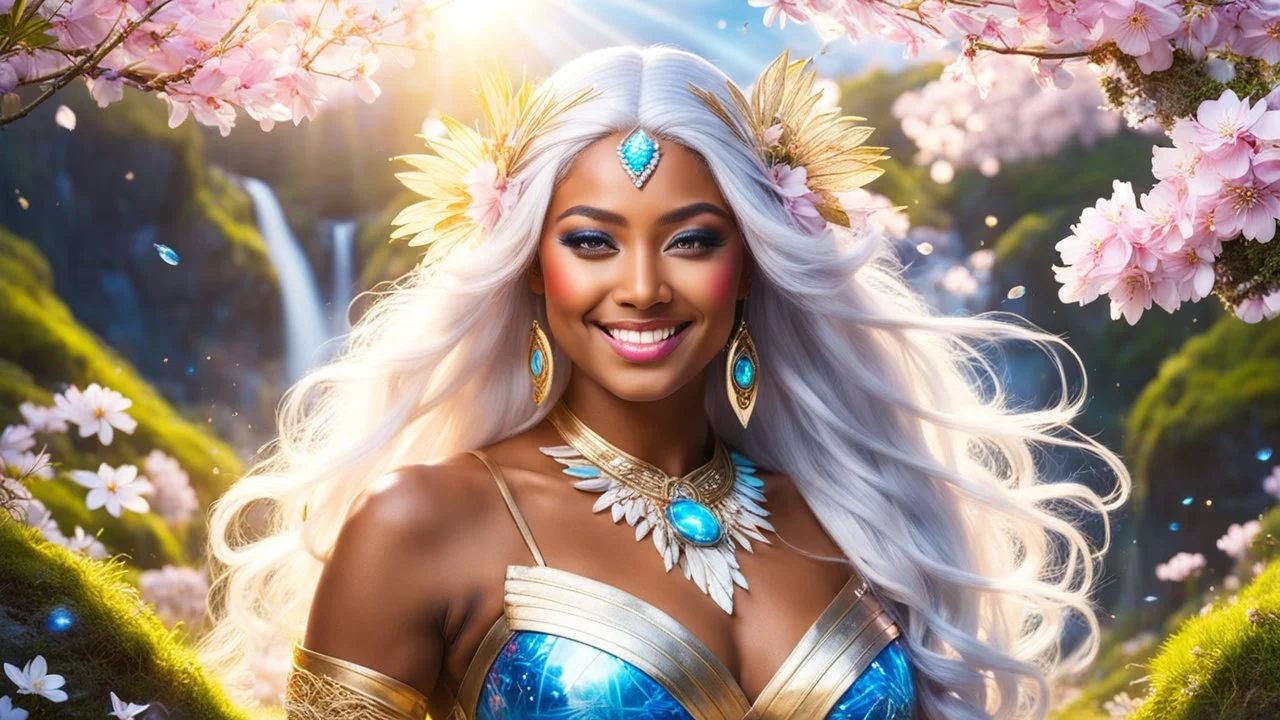 Portrait of a gorgeous smiling polynesian goddess with a golden dark skin, long smooth clear blue white hair, blue eyes, in a sci-fi outfit with luminous strikes sending a kiss in a hill of flowers with sakura trees, a small torrent, loads of mini flowers, moss, sun rays through the branches, particles in the air at spring