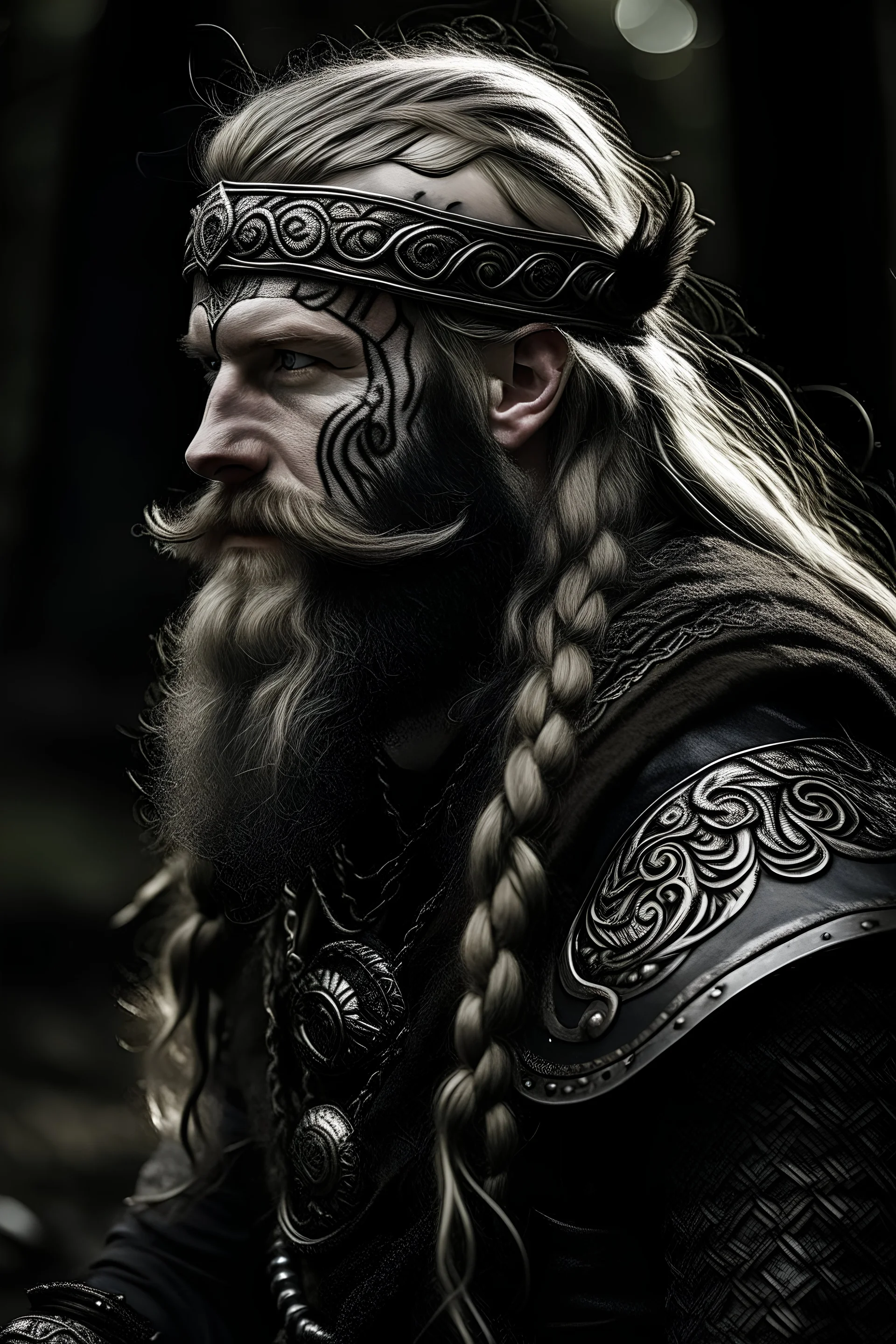 black and greybearded, armored with barbut helmet, middle aged long haired viking warrior with celtic tattoos