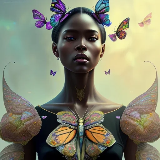 butterfly flowers black woman, colorful, intricate, elegant, highly detailed, digital painting, artstation, concept art, smooth, sharp focus, illustration, art by artgerm and greg rutkowski and alphonse mucha