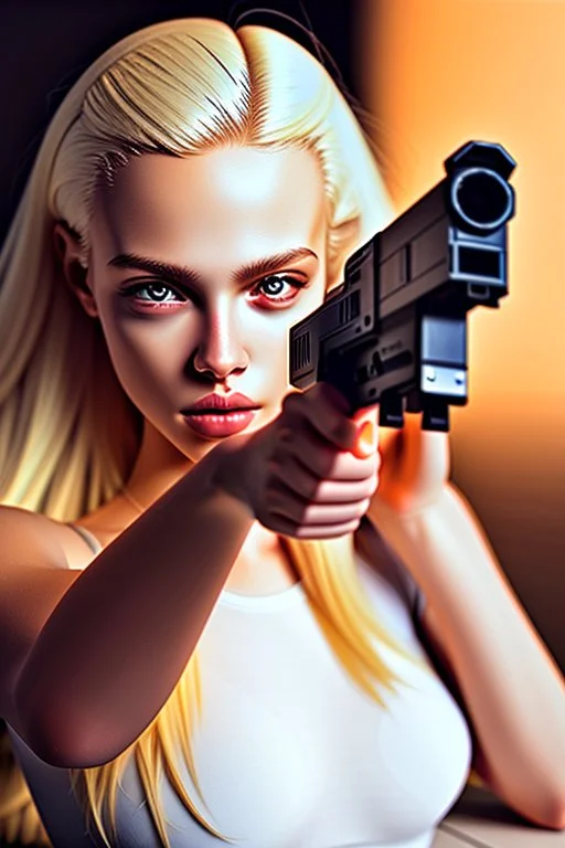 blonde woman with gun, photo realistic, highly detailed, high contrast, extremely sharp detail