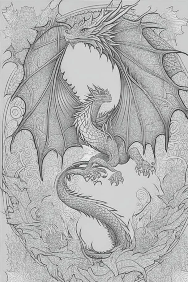 coloring book page of a flying dragon, mandalas