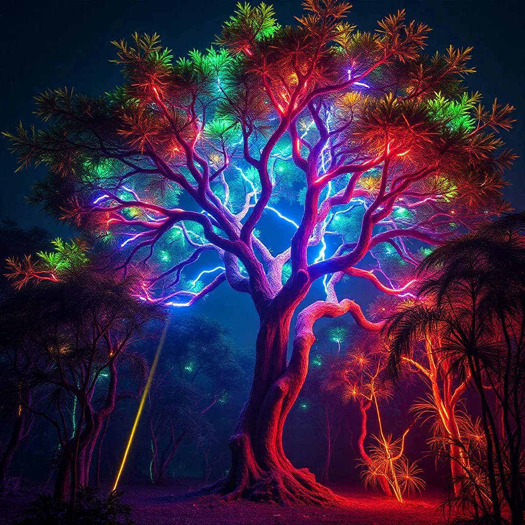 created an image of an extraterrestrial marijoana hyperrealistic, ultra HD, in 8K, The tree is rare and extraña, no one sees what you see in the tree, Tiene rare colors that mix fluorescence and bioluminescence, in all the paleta of colors, its extra colors, its tall filaments of pilosos that parecen cobrar vida. The tree creates an alien forest, illuminated by a warm ray of light. Destaca the extraterrestrial environment and the hojas de la hierba.Style: Hi