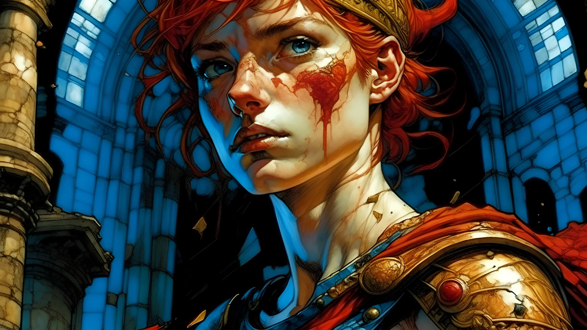 mail art, ancient Roman, , , detailed splatter ink, epic comic style , , triadic colors, close up Roman ginger-haired girl as a gladiator fighting in Coliseum, ,, close portrait, , dynamic pose, light on face, shadow play, perfect face, sharp glowing eyes, by James Jean, Craola, , Andy Kehoe, Dorian Vallejo,, Damian Lechoszest, Todd Lockwood, patchwork, mosaic, storybook illustration, highly detailed unusual beautiful details, intricated, intricated pose, tiny details masterpiece, high quality,