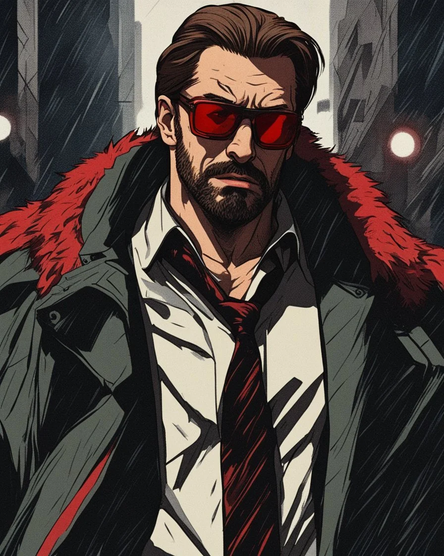 a young man with big muscles who looks like hans gruber wearing a heavy coat and red sunglasses staring with an irritated look on his face