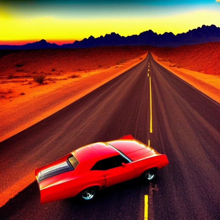 muscle car, desert road, sunset, full colour