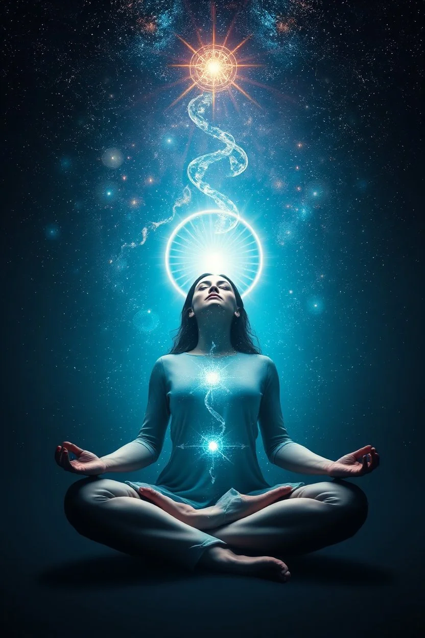 Beautiful meditating Woman connected with space and spirit
