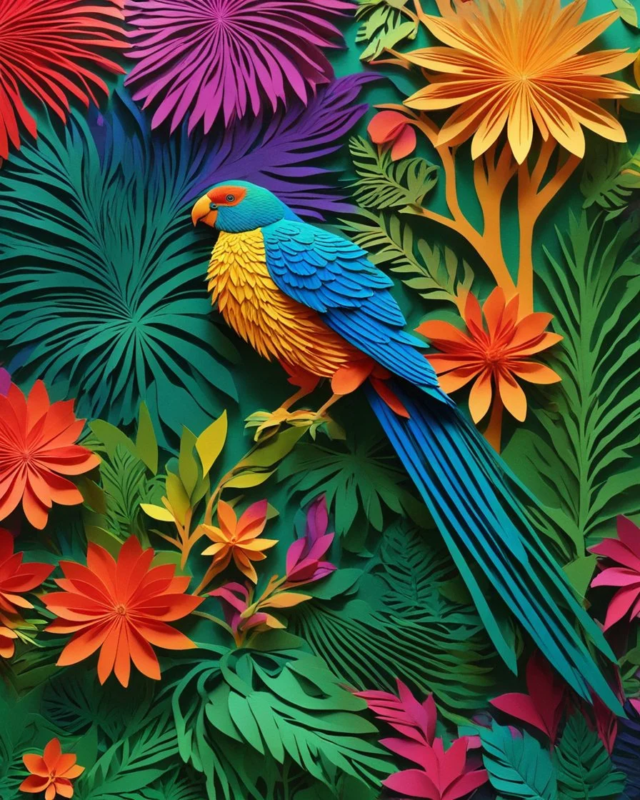 Parrrot and jungle in details art psychedelic 3D papercut crafts vibrant colors ,flowers background 3D emboss