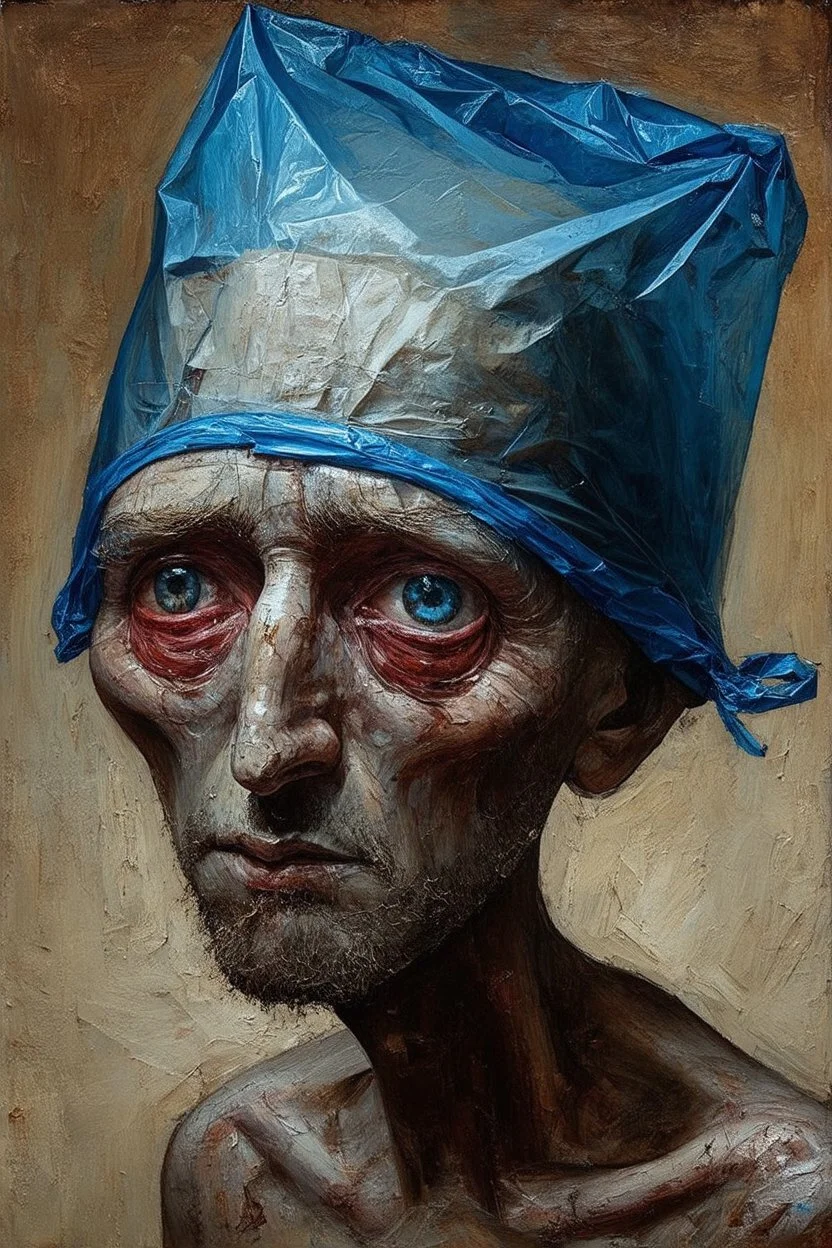 A strange and gloomy stick man with a blue plastic bag on his head. Surrealism, figurative painting with elements of the Bauhaus style. Intense textures.