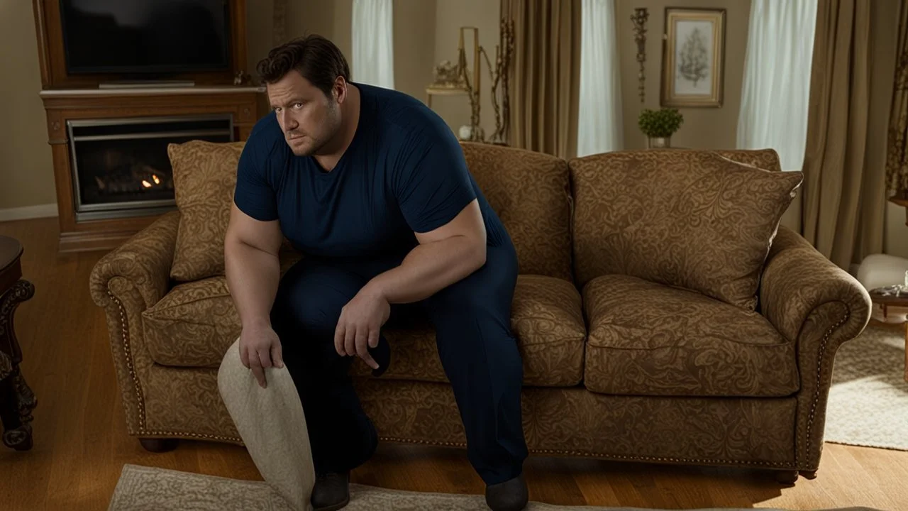 big and tall alex sits on broken squeaky couch far away from his unhappy wife