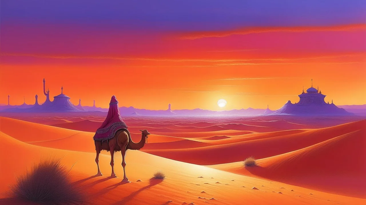 A hyper-realistic oil painting capturing the vast desert landscape with a vibrant sunset casting long shadows on the sand dunes, a lone camel silhouetted against the horizon, mirage-like waves of heat rising from the ground. The sky is painted in warm hues of orange, pink, and purple, creating a surreal and dream-like atmosphere