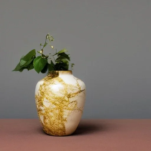 photo of a cracked ceramic vase repaired with gold, kintsugi, beautiful, vines and leaves, rosebuds, delicate, cinematic, high detail, beautiful composition, delicate arrangement, aesthetic, soft lighting, award winning photography, tender