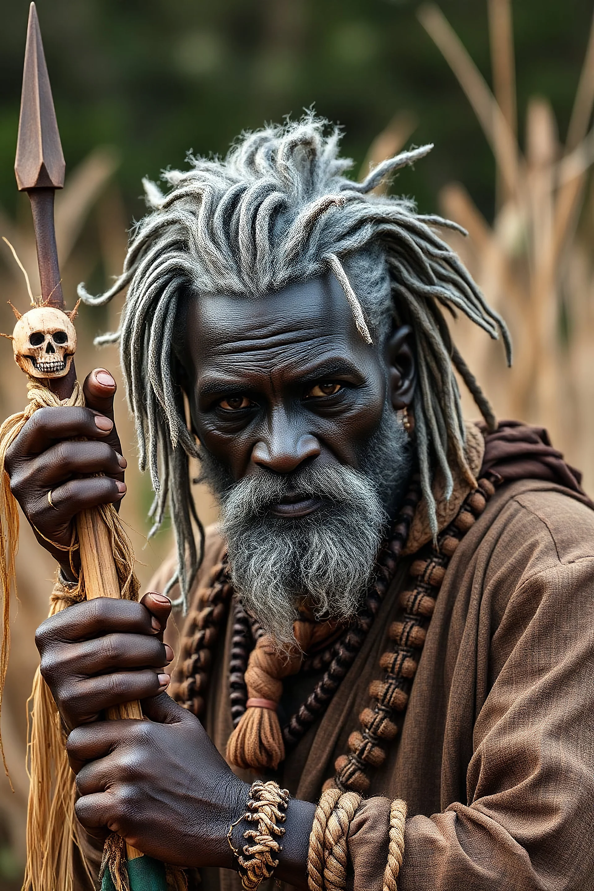 beautiful black skin warrior man gray hair holding a voodoo scarecrow