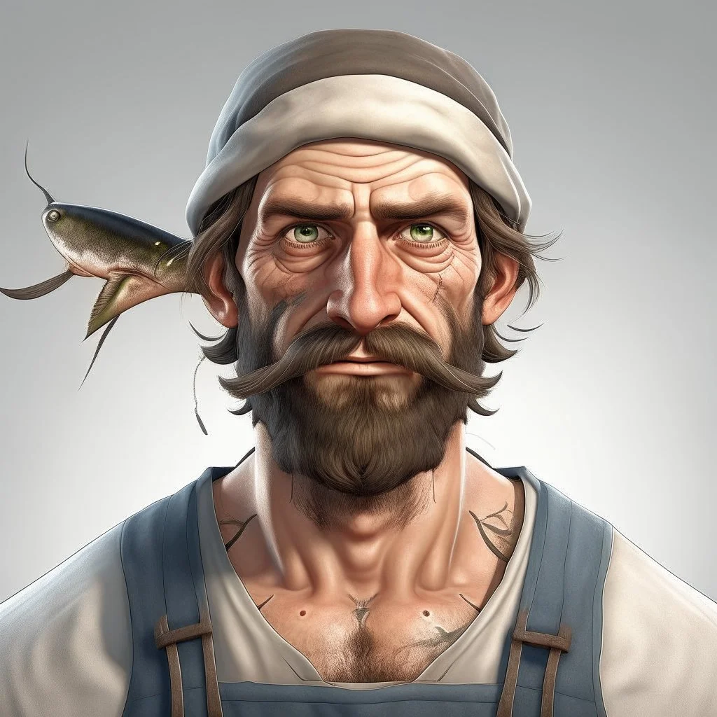 muscular 30 year old fisherman with large eyes and mutton chops and an aprons realistic digital art