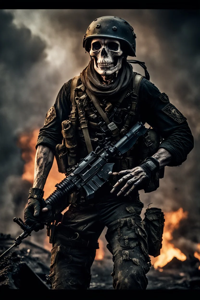 ultra high definition image of an attractive but scary looking skeleton, rising from the ashes, a war veteran, partially humanlike characteristics, army beret and ripped amo wear, very detailed, chaotic background, dramatic close-up action shot of him on a burned out war tanker with a torpedo on shoulder ready to fire and ammo ,gothic and dark theme, 12k