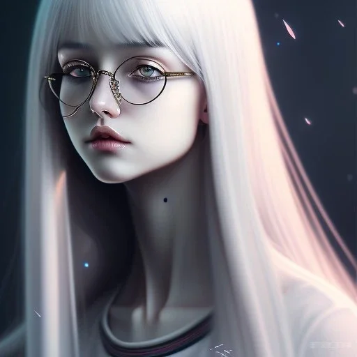 glasses, girl, emotionless face, long white hair, full body, realistic painting, sueter, darkblue tones,