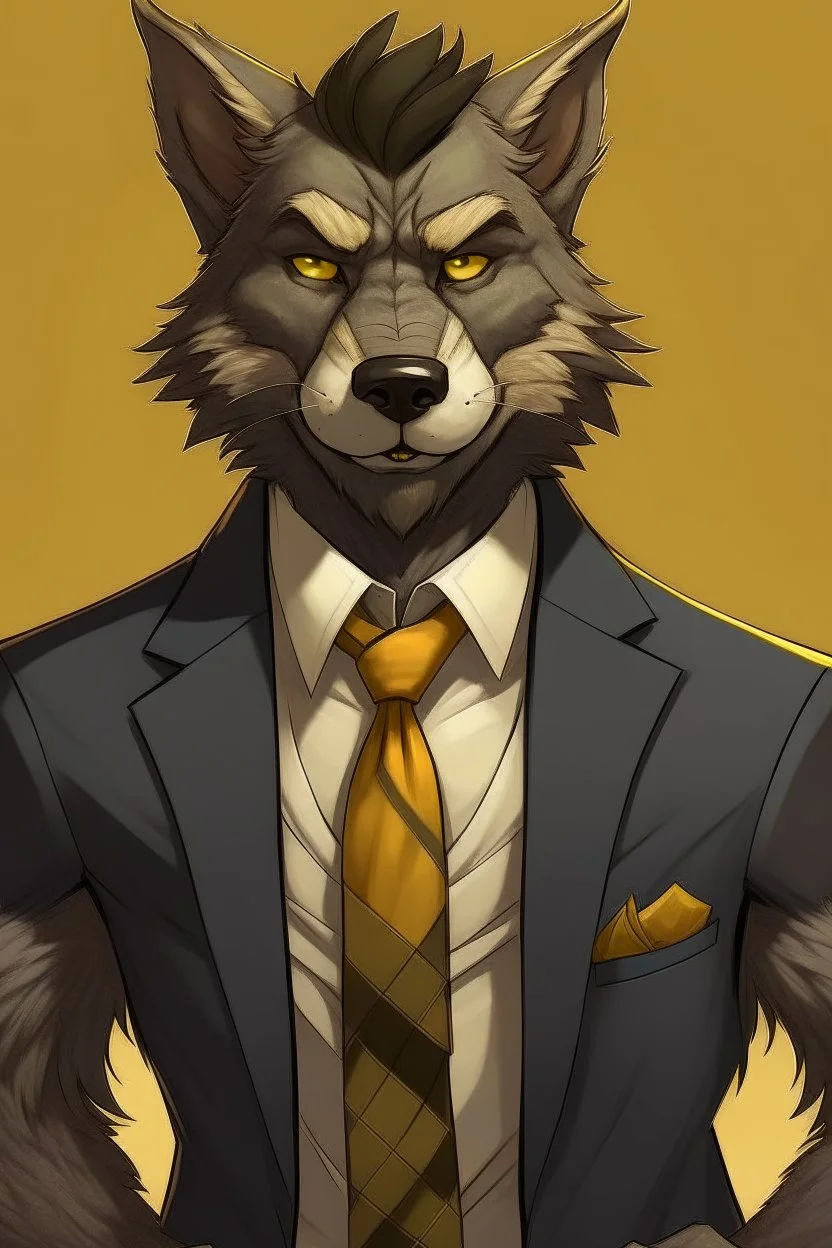 Buff, anthro, wolf, himbo, black fur, gold eyes, wearing a suit