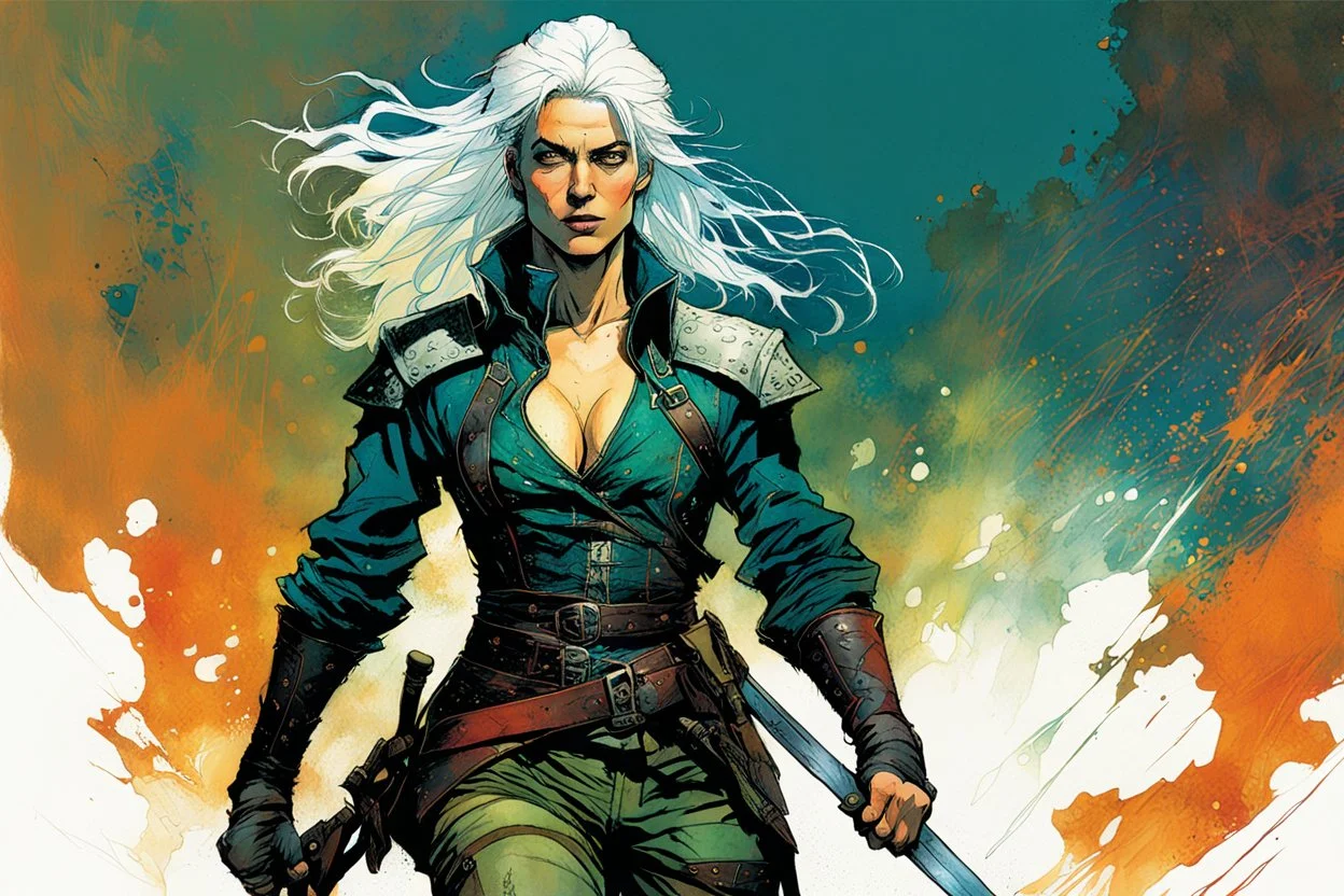 create an imaginative full body print illustration of an ethereal, otherworldly , ghost haired, elven female grandmaster Witcher in a tattered battle worn leather doublet and boots , in the comic book art style of Bill Sienkiewicz, Mike Mignola, and Jean Giraud Moebius, with highly detailed feminine facial features , finely drawn, colored and inked,