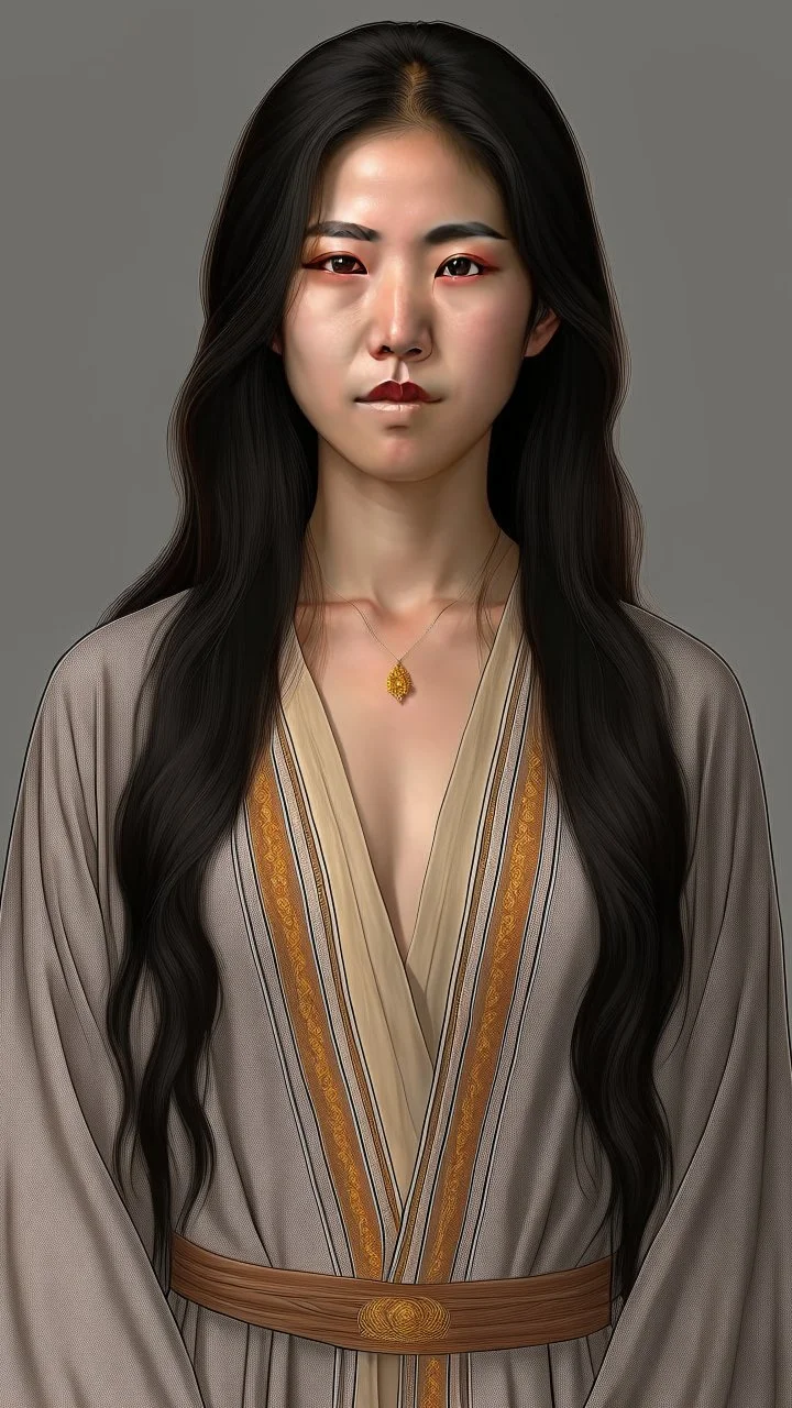 4K Photorealism : 30 year old Asian woman with a full body with a proportional body, symmetrical face, precise clean brown eyes, long flowing hair, precise chest accentuation, showing typical Japanese clothing