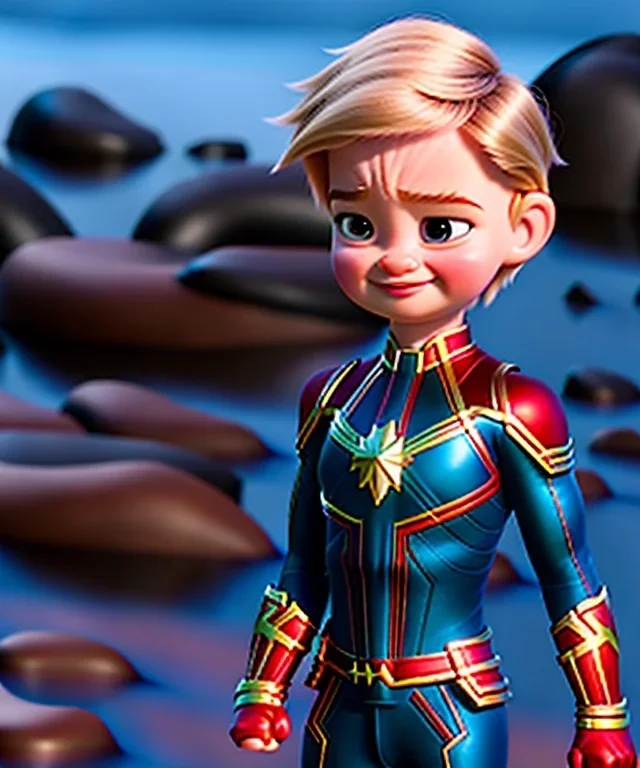 Baby captain marvel, full body, dynamic lighting, hyper realistic