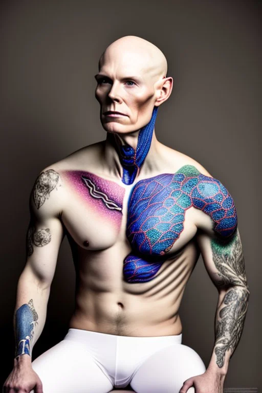 a full body display of a beautiful man with cancer, his skin composed of cancer shaped cells, they cover his entire body like a tattoo, symbolic for wearing his illness on the outside, no hair, in a dramatic pose in a photo studio, he sits with his face slightly hidden as he is shamed, lighting with focus on skin, ultra photo realistic, 32k, highly detailed,. selective colors