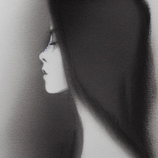 moody tiny charcoal side profile portrait of a beautiful woman, smudged charcoal, side on profile, charcoal portrait, artistic black and white profile portrait, delicate, highly detailed, chiaroscuro, beautiful composition, delicate arrangement, aesthetic, soft lighting, tender