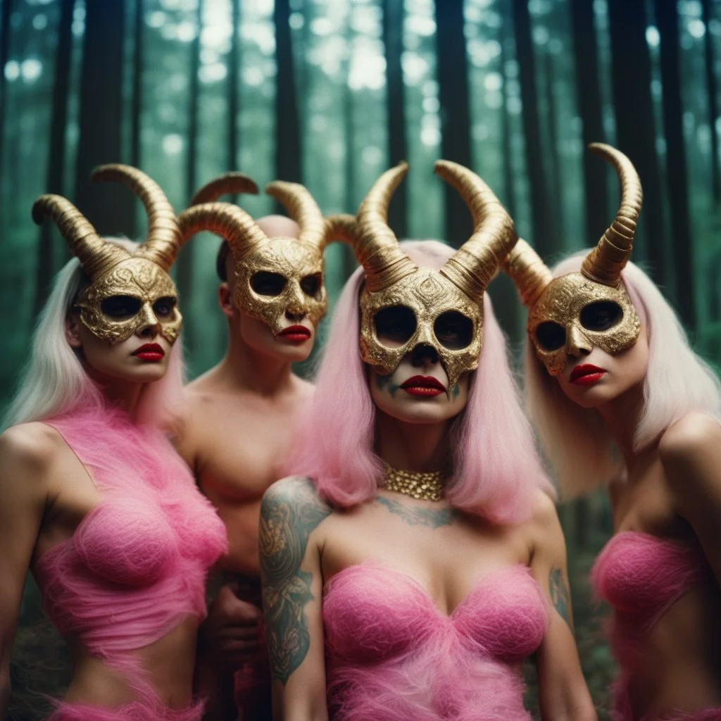 [Shot on 35mm film from a 1970s movie by Mil Mascaras] surrounded by models with pink lipstick and tattoos : A satanic ritual with and goat golden skull masks in the forest