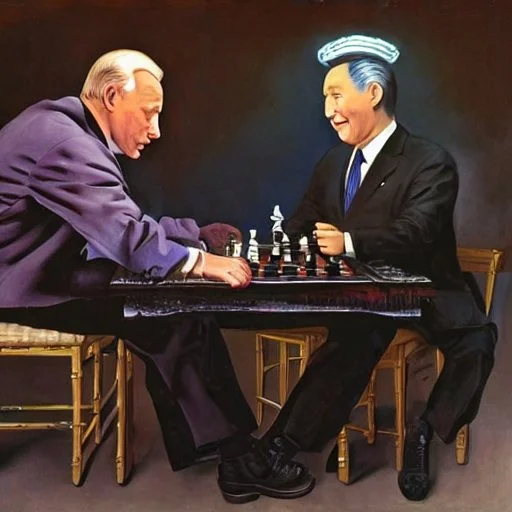 Putin, President Xi Of China And Joe Biden Play Chess between lights and shadow With A Pigeon,And Atomic Bomb Mushroom Cloud,Complex Surgical Instruments Intermixed With A Newborn Boy,Minimalism,Painting By Adrian Ghenie,Rene Magritte,Pablo Picasso,Michelangelo,Salvador Dali,Lucian Freud