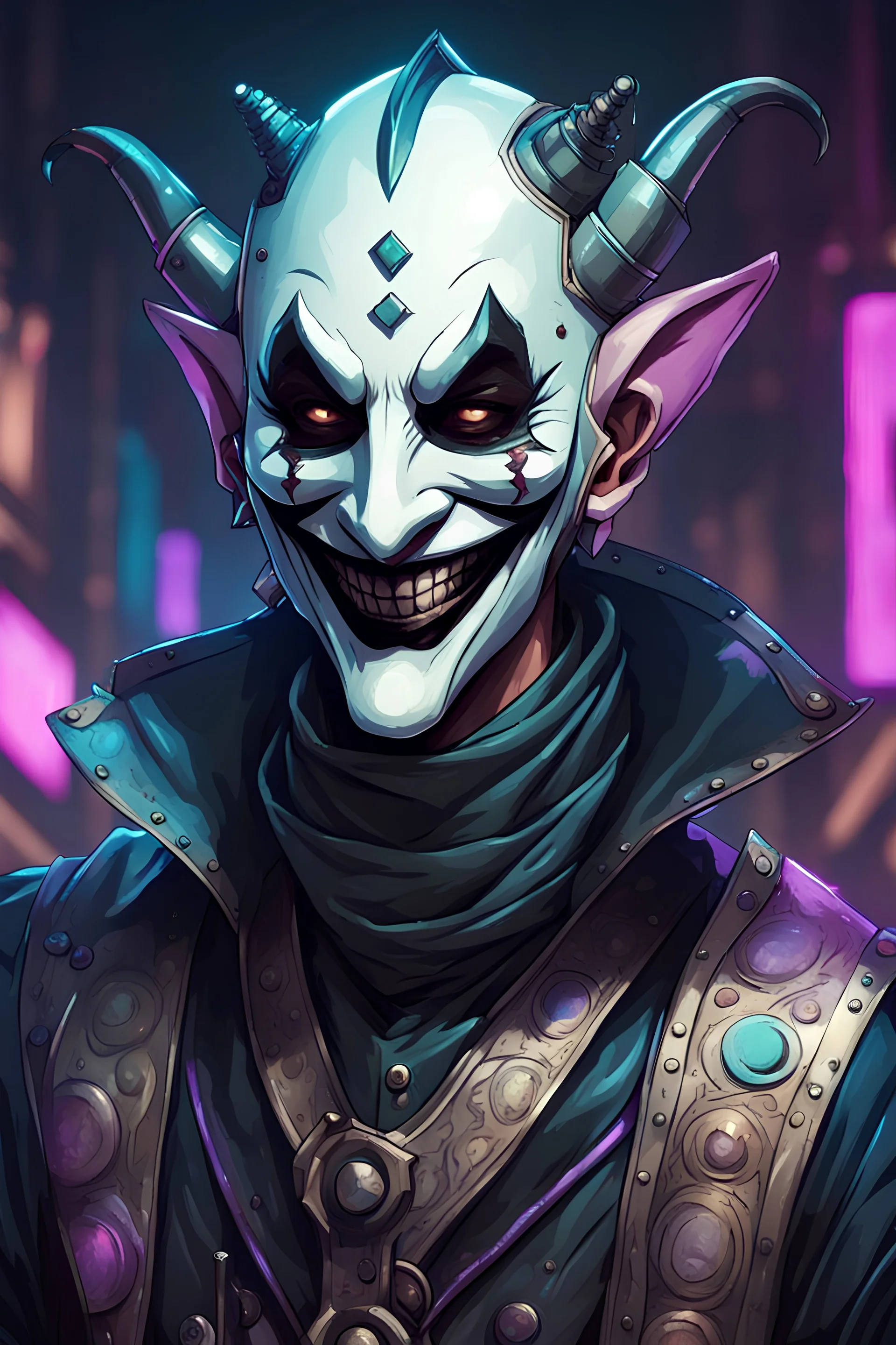 draw a jester like villain that is in cyberpunk universe and he wears a pale theater smiling face mask