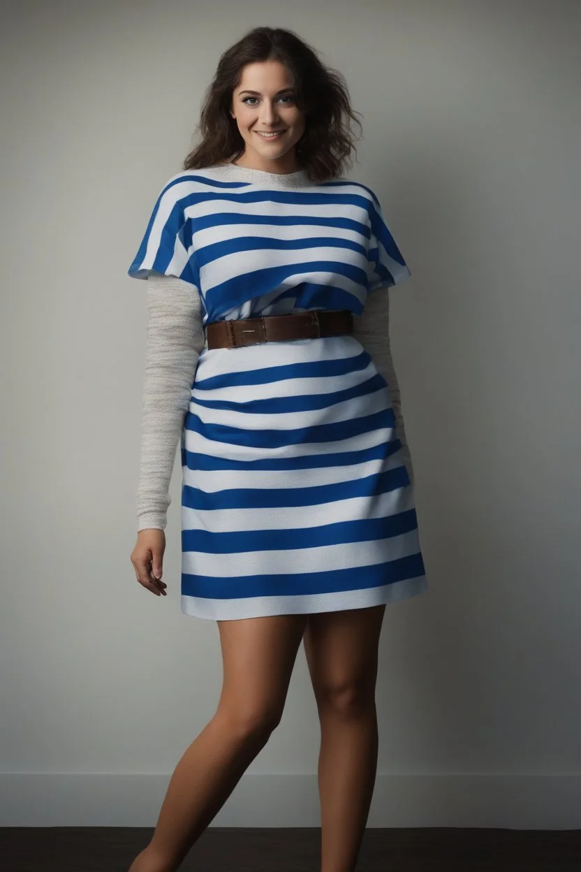 full body portrait, chiaroscuro, deep shadows, rich deep colors, highly detailed portrait, digital photograph - Bethany Spang - great big, giant, oversized, gigantic moobs, blue and white-striped nylon, short sleeved, pullover, mini dress with a belt, 21-years-old, full color, expression of extreme happiness, hope and positivity, 4k UHD, Ultra-realistic, Hyper realistic, Photorealistic, Realistic, absolute Reality, Thin, slender, skinny, underweight, slim, trim, part Cherokee Indian,