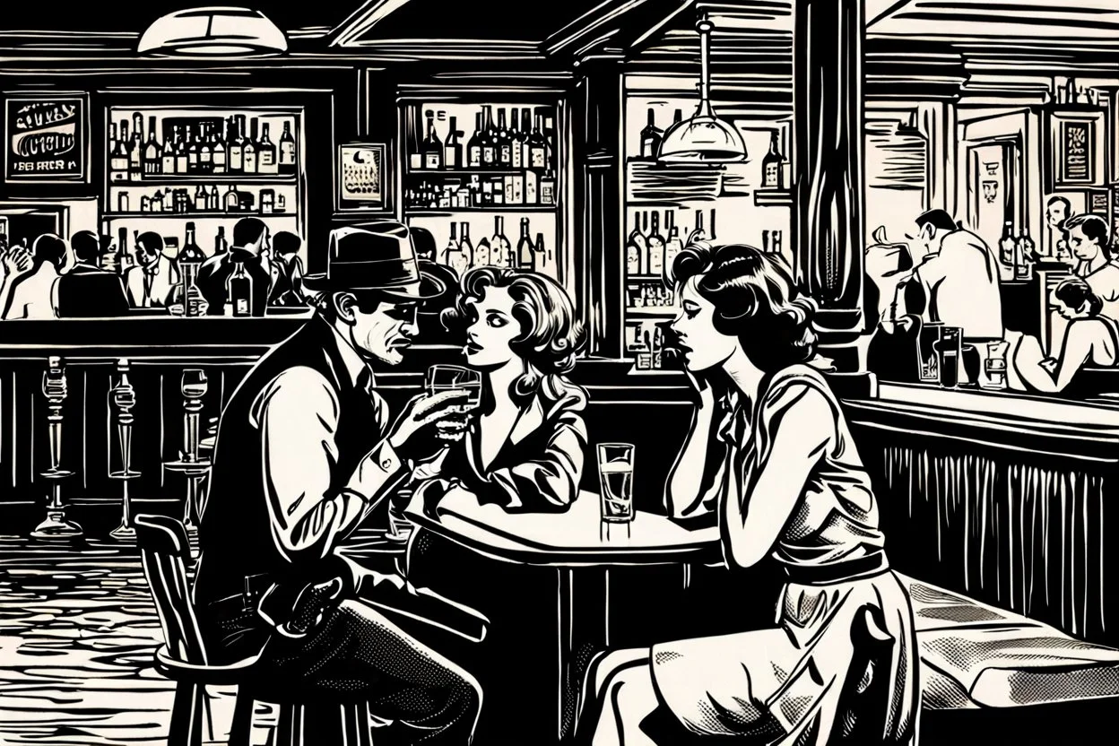 black and white photo, an crisis of a couple in a bar. The scene is set in a dimly lit bar with a melancholic atmosphere, evoking a film noir style. The bar is filled with smoke and shadows, and with couples talking and drinking. At the bar counter, a man and a woman sit beside each other. The man is hold a glass beer and looking another young woman in bar, while the woman sadding face looking the counter. dramatic shadows, woman sadding face looking the counter. sadness, paint, loneliness