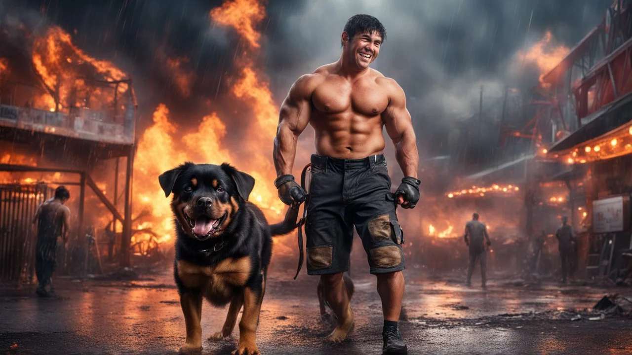 Hyper Realistic photographic-view of Handsome-&-Muscular-Shirtless-Happy-Male-Firefighter-black-hair Saves an adorable Rottweiler from a heavy-fire in an amusement park with destruction & burned-marks-everywhere at dark-rainy-night showing dramatic & cinematic ambiance.