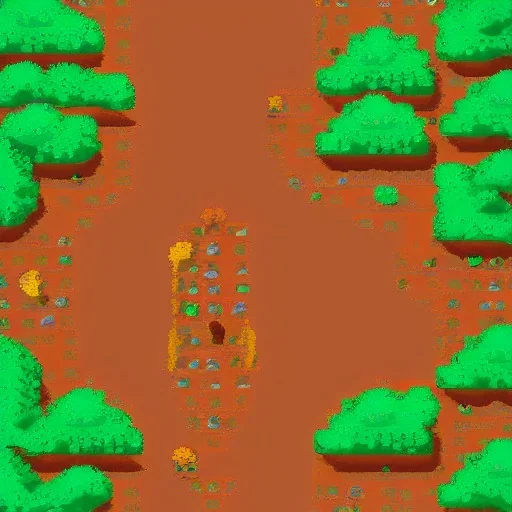 escena de un juego en pixel art desde angulo alto de un sendero de tierra rodeado por arboles de copa redonda y algunas rocas