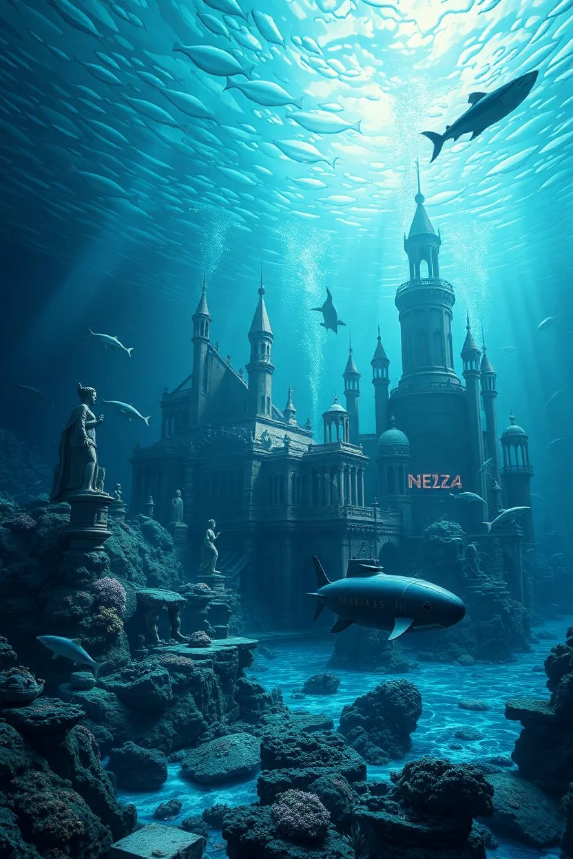 Under water world a city like Atlantis under the water with sharks fish statues , high quality picture with water and a submarine