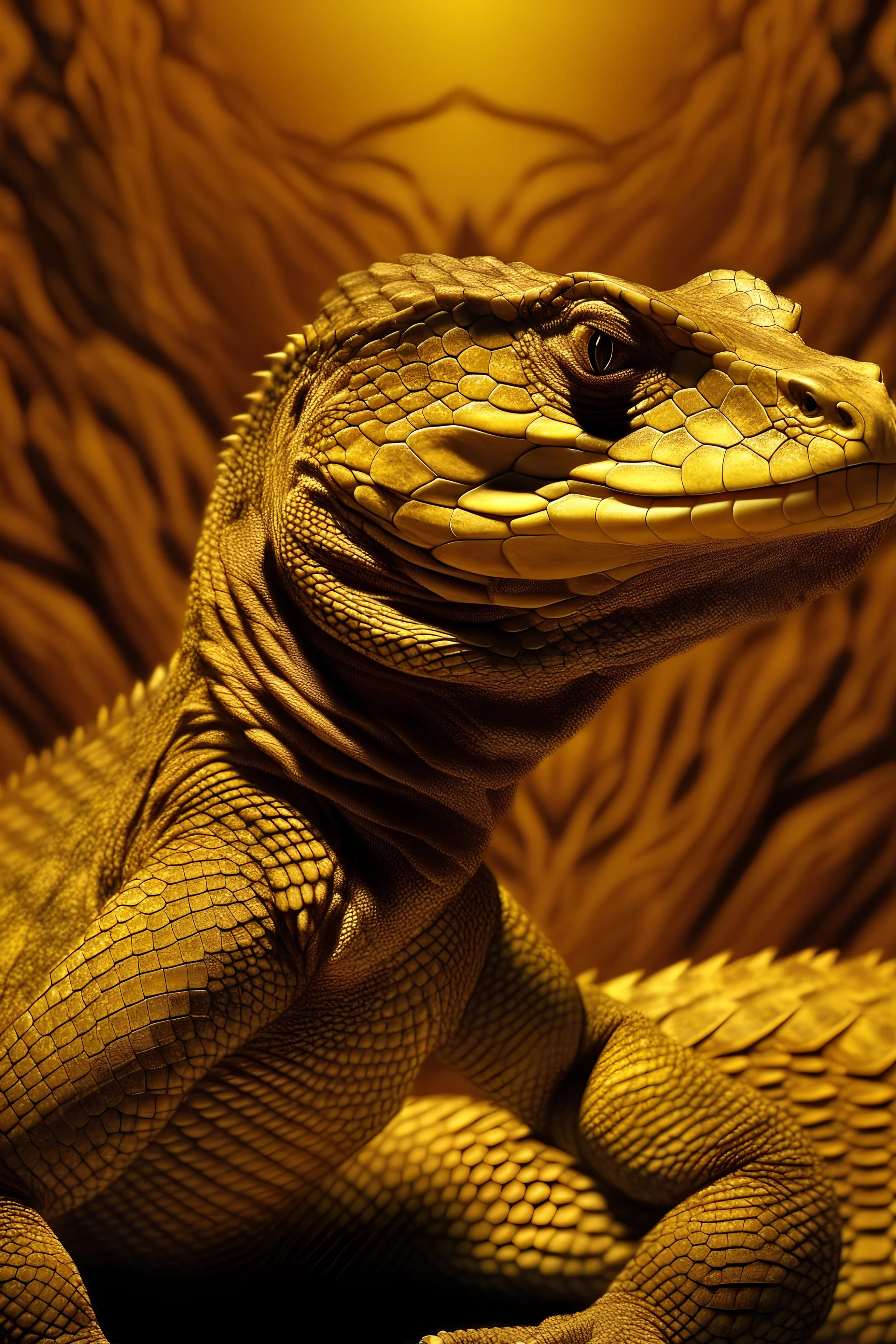 anthropomorphic monitor lizard, female, warm toned scales, shaman background, no headdress