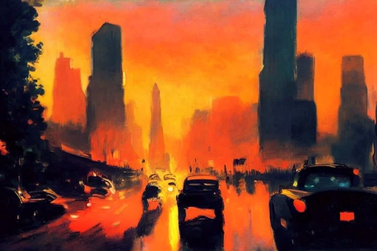 cars, city, sunset, street, buildings, lesser ury and edouard manet painting