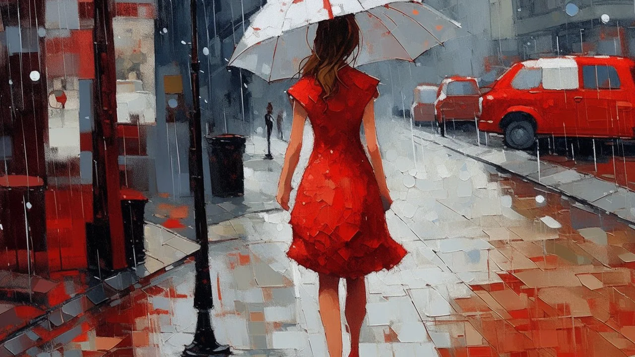 colorful flat illustration , A young Caucasian woman with long brown hair wearing a red dress and holding a white umbrella, walking alone on a rainy city street with blurred buildings and lampposts in the background, draw art style influenced by japanese artists, niji, black outlines