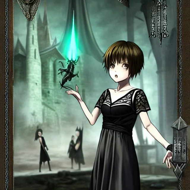 Realistic photo short hair boyish boylike (boyish face) beautiful cleavage lace neckline (short mens haircut) amulets of evil forces on neck (thin waist) (wide hips) lacy nightgown (girlish room of black magic) (symbols of black magic and evil force on the walls) (a girl learns to be an evil sorceress)