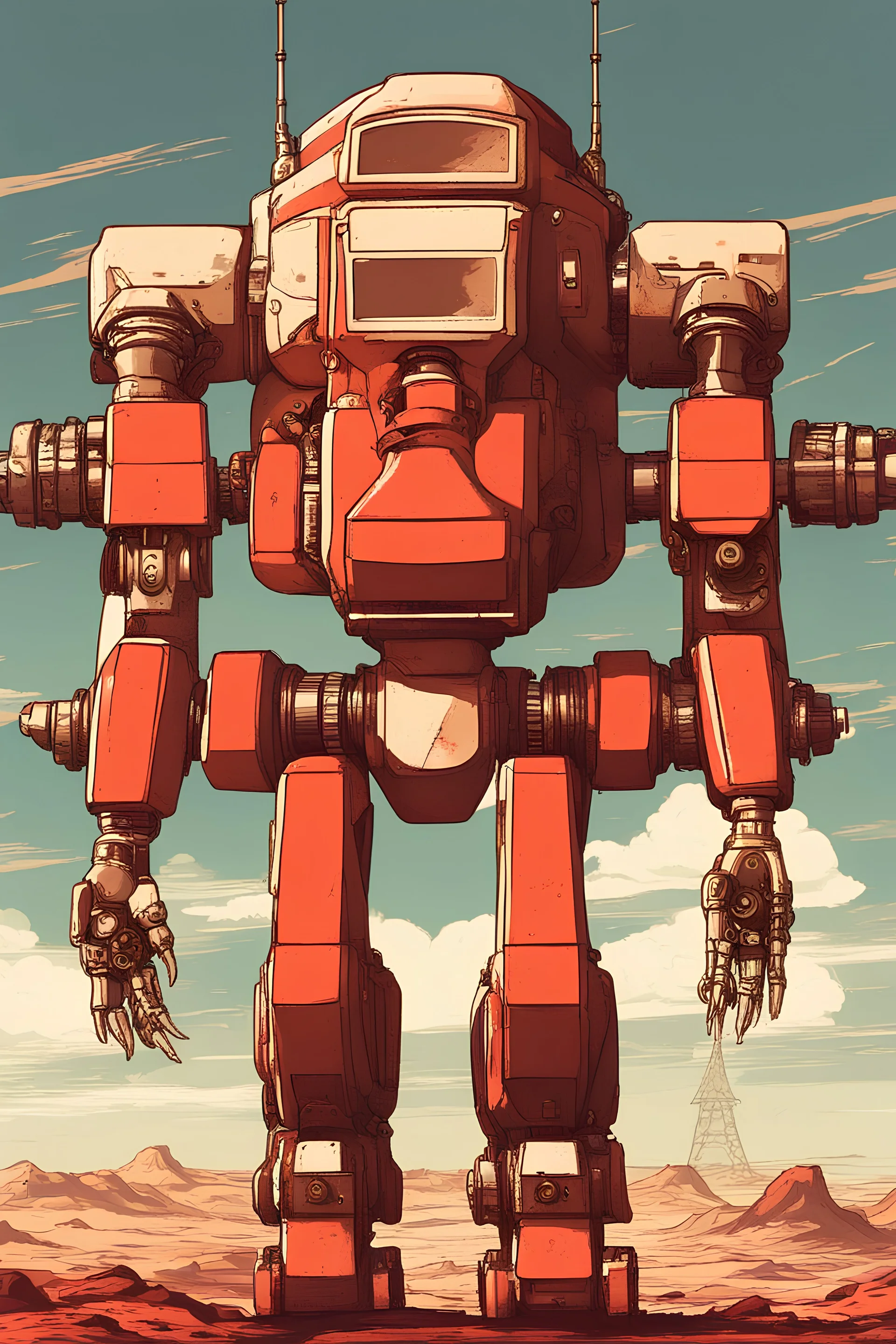 anthropomorphic mecha, railgun in robot's hand, industrial style, mars background, soviet era photo