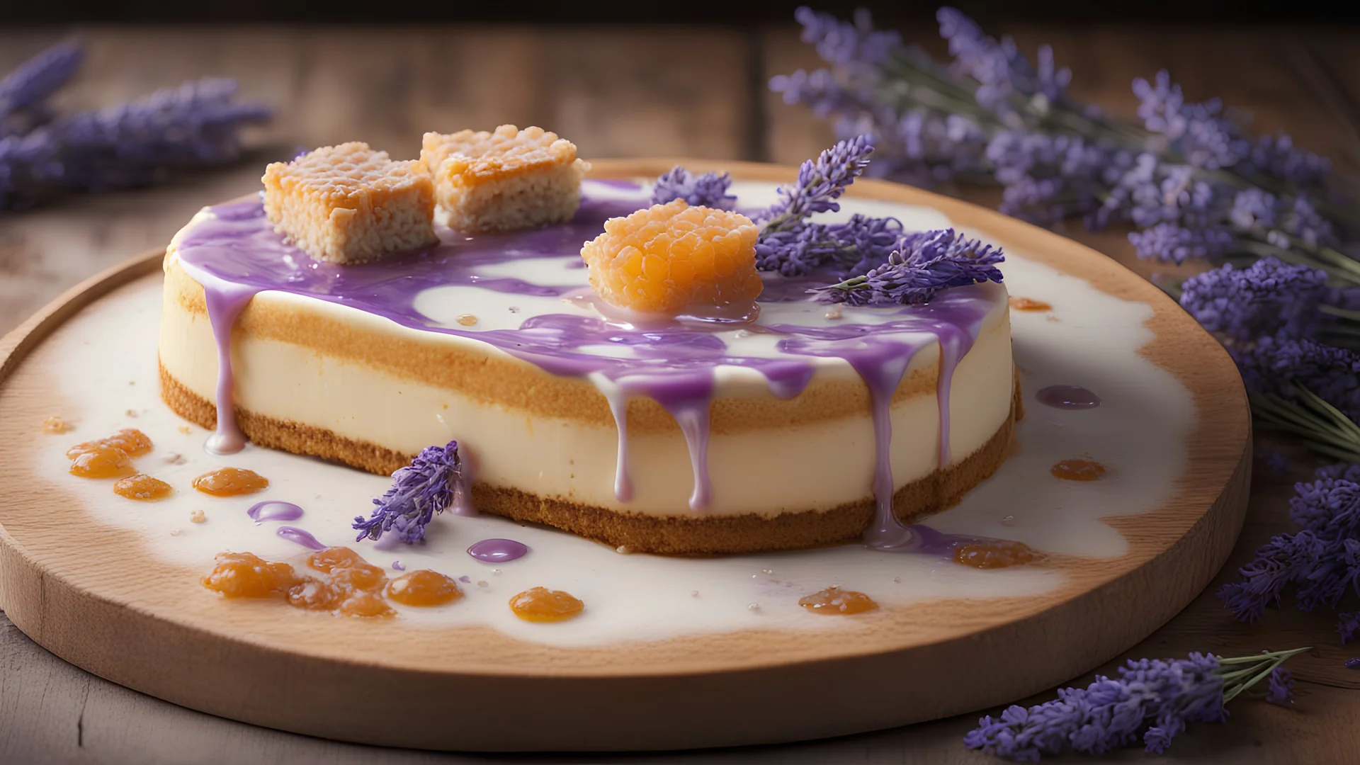 A cheesecake infused with lavender and honey, topped with delicate honeycomb pieces and a drizzle of lavender syrup. The cheesecake is served on a rustic wooden board, adorned with fresh lavender sprigs. Ultra Realism, beautiful intricate insanely detailed octane render, 5d, 16k, artistic photography, perfect light, chiaroscuro, award-winning photograph, masterpiece, rule of thirds, 35mm lens, adjust perspective