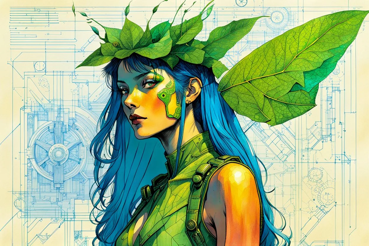 Hand drawn technical,full body portrait illustration , with detailed blueprints and engineering schematics of a walking leaf insect girl, in the comic book art style of BILL SIENKIEWICZ and JEAN GIRAUD MOEBIUS, with highly detailed facial features, drawings, and technical notation, 8k, vibrant natural colors