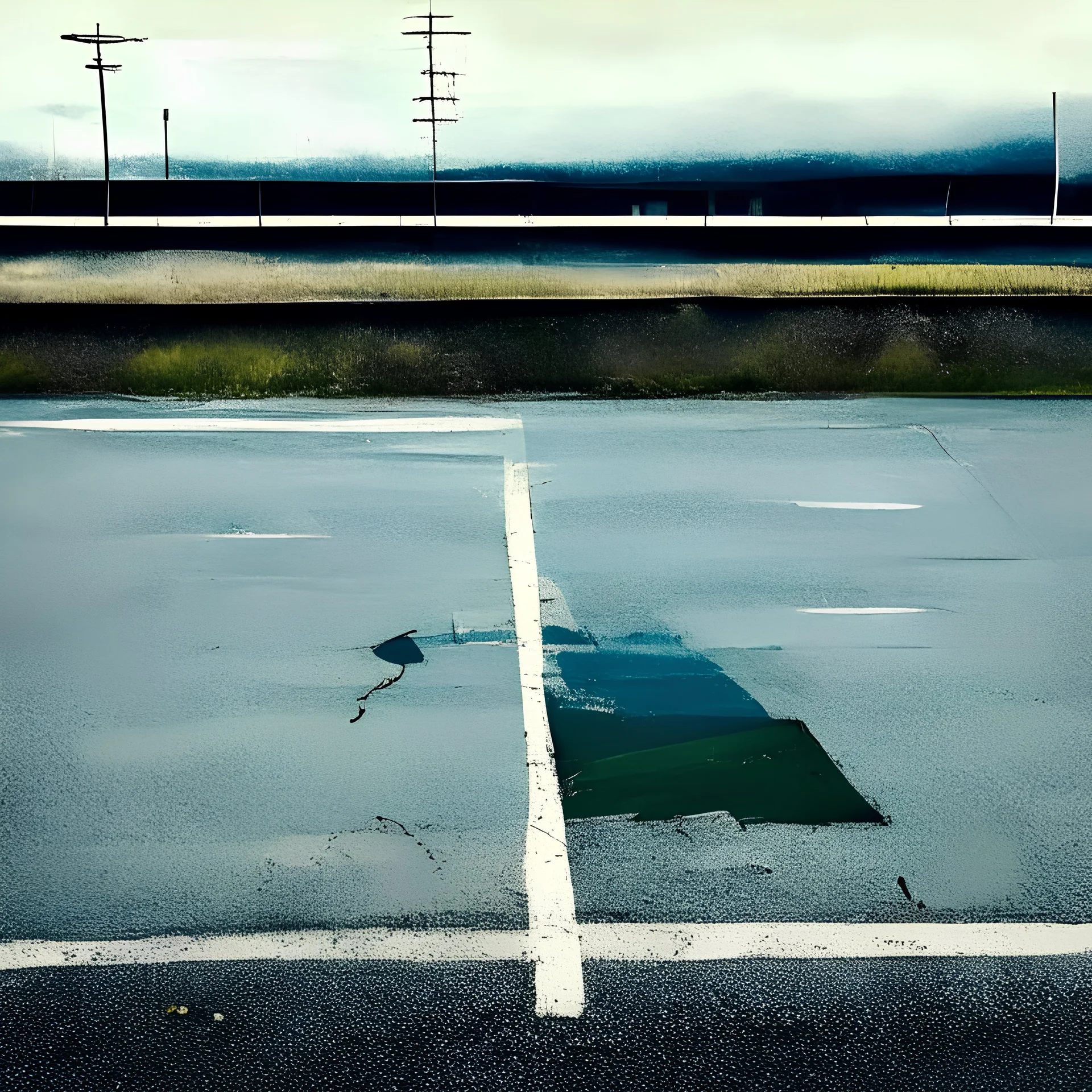 Minimal abstract oil paintings desolate 1960s carpark concrete fragments rough paint graffiti . style of Justin Mortimer and Francis Bacon. road markings.