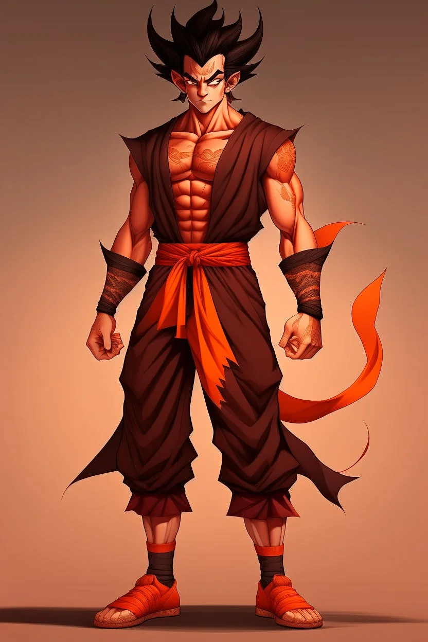 Full Body, Male Tiefling, monk, body shape as Super Sayian Goku, boxer pose, dark outfit colour theme, HD