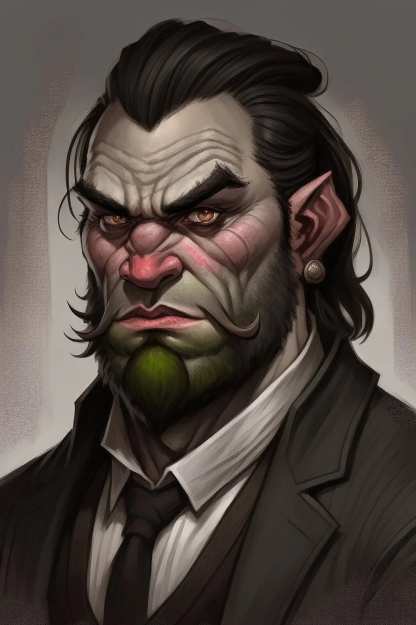 Portrait of a half-ogre well dressed, scars on his face